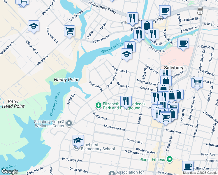 map of restaurants, bars, coffee shops, grocery stores, and more near 712 Howard Street in Salisbury