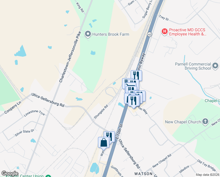 map of restaurants, bars, coffee shops, grocery stores, and more near 5411 Shungate Road in Jeffersonville