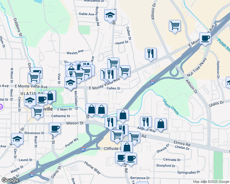 map of restaurants, bars, coffee shops, grocery stores, and more near 131 Garden Circle in Vacaville