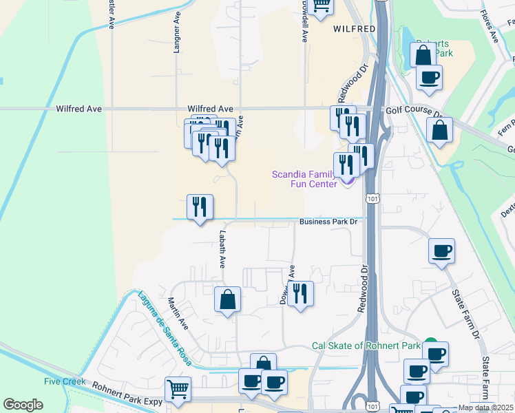 map of restaurants, bars, coffee shops, grocery stores, and more near 4772 Labath Avenue in Santa Rosa
