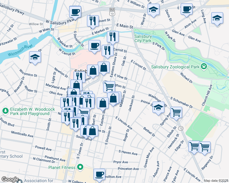 map of restaurants, bars, coffee shops, grocery stores, and more near 701 Webster Street in Salisbury