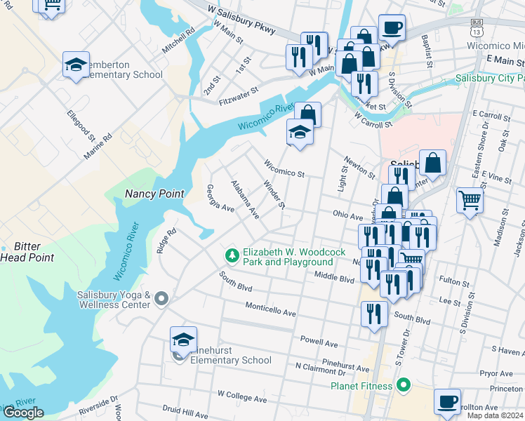 map of restaurants, bars, coffee shops, grocery stores, and more near 712 Howard Street in Salisbury