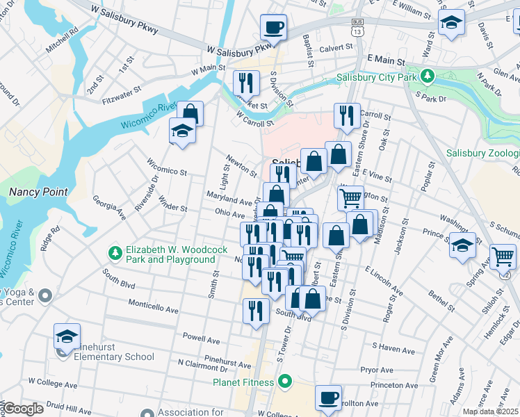 map of restaurants, bars, coffee shops, grocery stores, and more near 216 Maryland Avenue in Salisbury