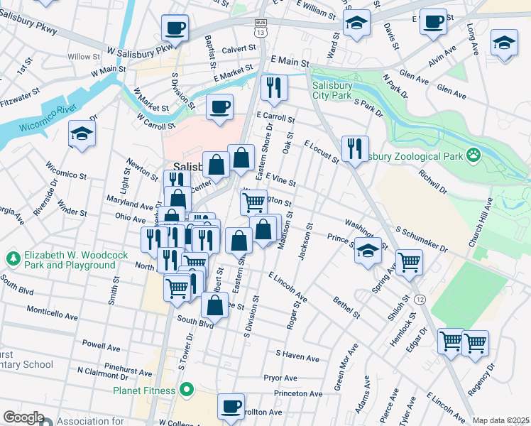 map of restaurants, bars, coffee shops, grocery stores, and more near 701 Webster Street in Salisbury