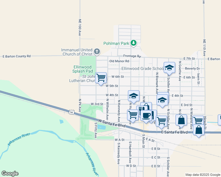 map of restaurants, bars, coffee shops, grocery stores, and more near 300-398 West 4th Street in Ellinwood