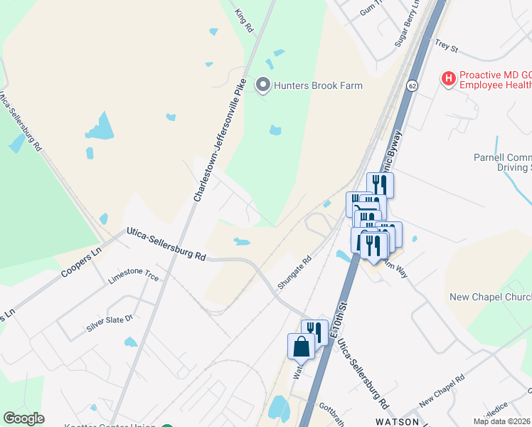 map of restaurants, bars, coffee shops, grocery stores, and more near 5411 Shungate Road in Jeffersonville