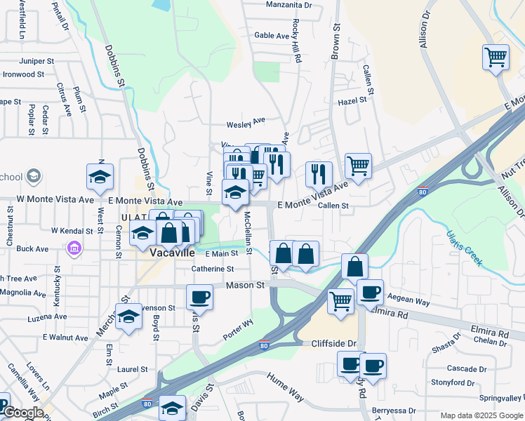 map of restaurants, bars, coffee shops, grocery stores, and more near 140 Depot Street in Vacaville