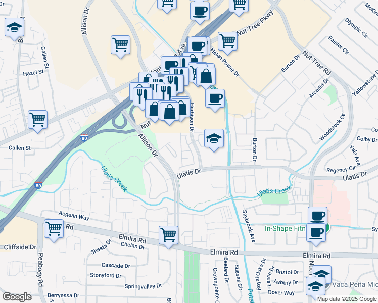 map of restaurants, bars, coffee shops, grocery stores, and more near 1100 Ulatis Drive in Vacaville