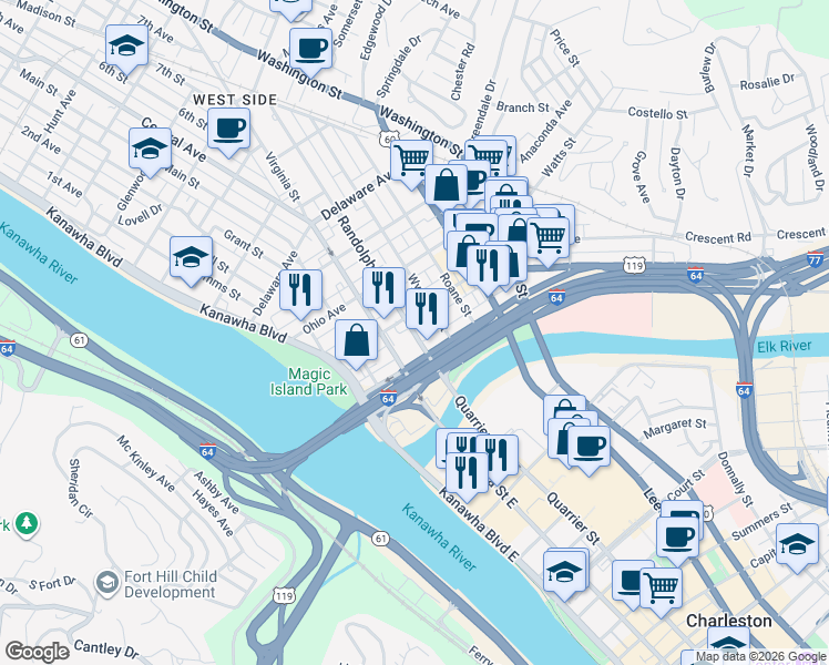 map of restaurants, bars, coffee shops, grocery stores, and more near 201 Pennsylvania Avenue North in Charleston