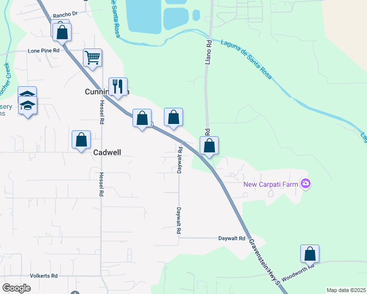 map of restaurants, bars, coffee shops, grocery stores, and more near 4321 Daywalt Road in Sebastopol