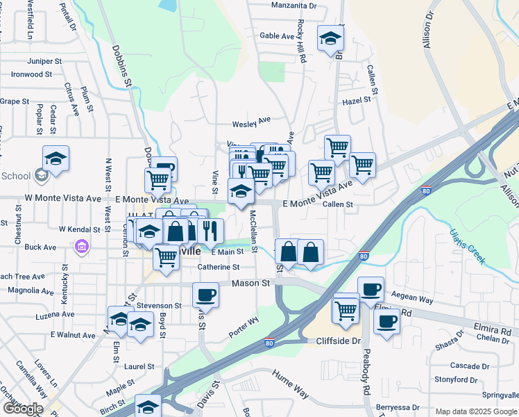 map of restaurants, bars, coffee shops, grocery stores, and more near 137 McClellan Street in Vacaville
