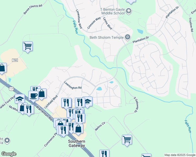 map of restaurants, bars, coffee shops, grocery stores, and more near 303 Backridge Court in Fredericksburg