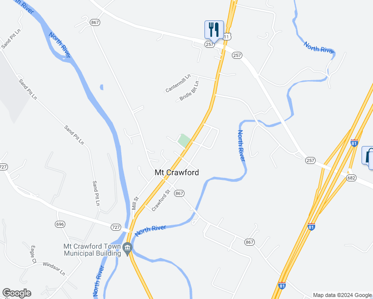 map of restaurants, bars, coffee shops, grocery stores, and more near 445 North Main Street in Mount Crawford