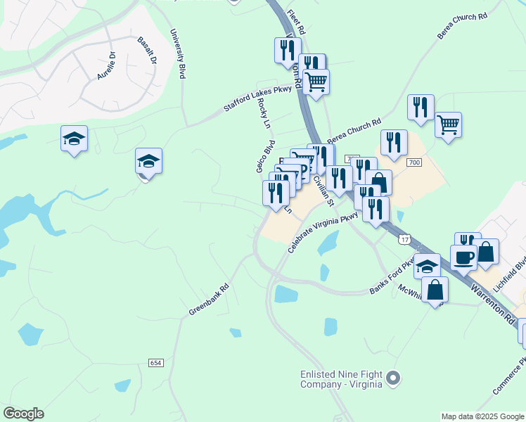 map of restaurants, bars, coffee shops, grocery stores, and more near 70 Banks Ford Parkway in Fredericksburg