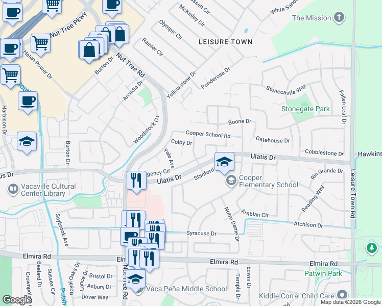 map of restaurants, bars, coffee shops, grocery stores, and more near 200 Regency Circle in Vacaville