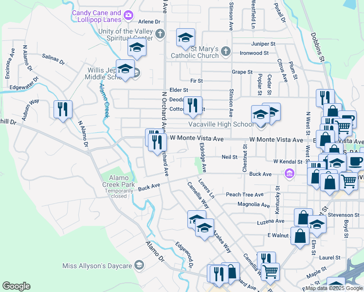 map of restaurants, bars, coffee shops, grocery stores, and more near 425 Morales Court in Vacaville