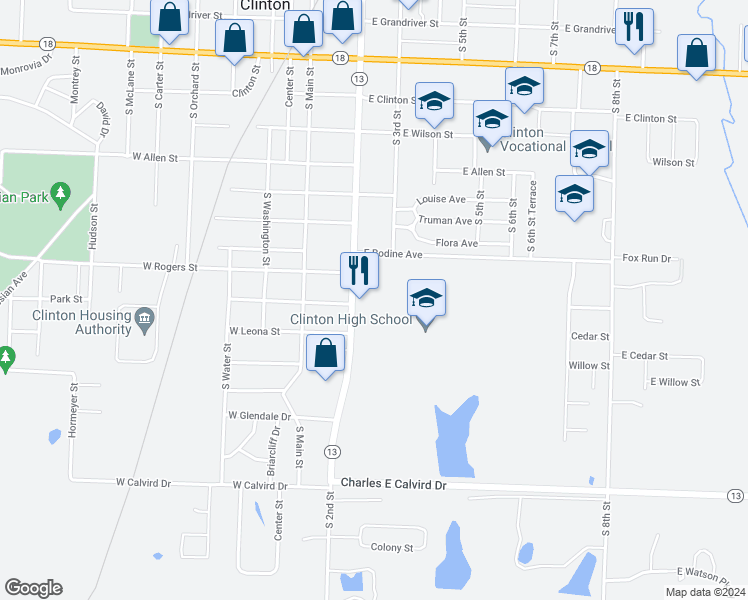 map of restaurants, bars, coffee shops, grocery stores, and more near 1112 South 2nd Street in Clinton