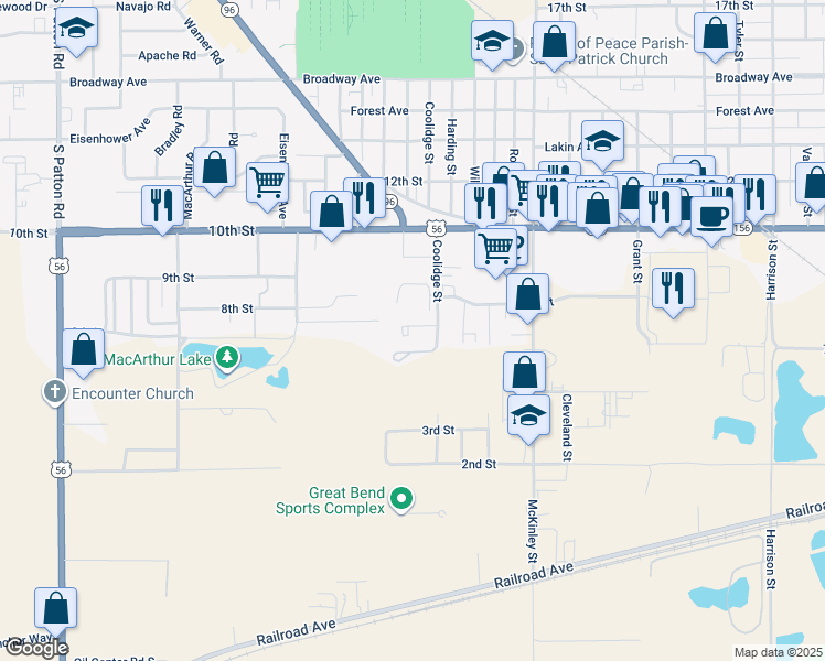 map of restaurants, bars, coffee shops, grocery stores, and more near 717 Coolidge Street in Great Bend