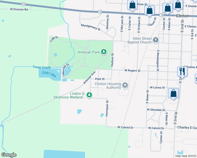 map of restaurants, bars, coffee shops, grocery stores, and more near 1098 Tower St in Clinton