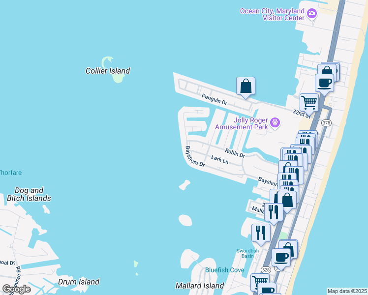 map of restaurants, bars, coffee shops, grocery stores, and more near 609 Bayshore Drive in Ocean City