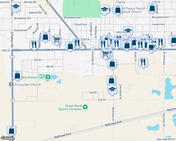 map of restaurants, bars, coffee shops, grocery stores, and more near 717 Coolidge Street in Great Bend