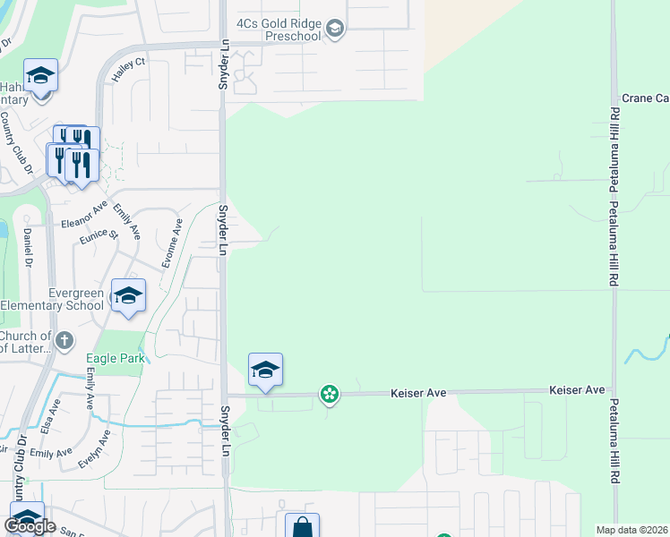 map of restaurants, bars, coffee shops, grocery stores, and more near 4730 Snyder Lane in Santa Rosa