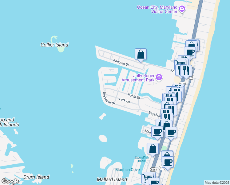 map of restaurants, bars, coffee shops, grocery stores, and more near 2806c Gull Way in Ocean City