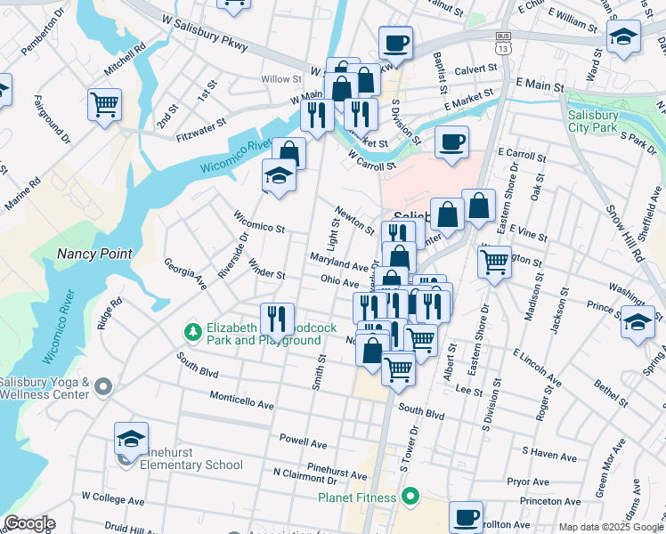 map of restaurants, bars, coffee shops, grocery stores, and more near 614 Smith Street in Salisbury
