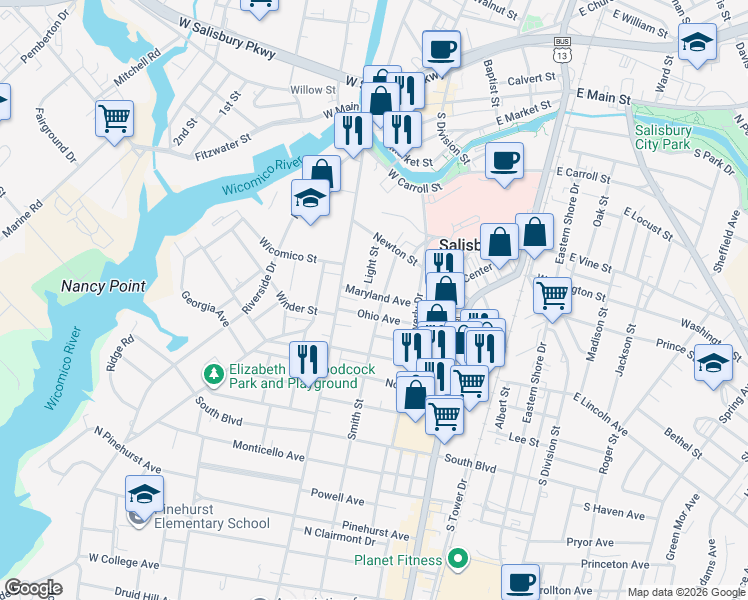 map of restaurants, bars, coffee shops, grocery stores, and more near 302 Maryland Avenue in Salisbury