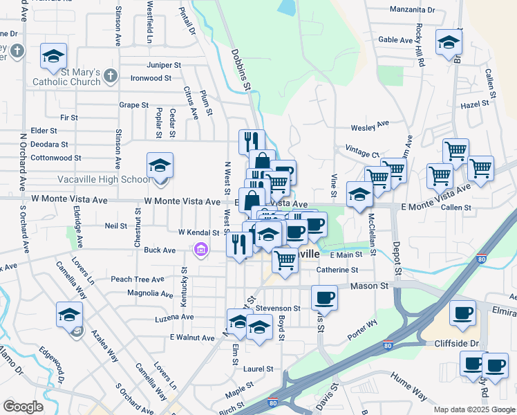map of restaurants, bars, coffee shops, grocery stores, and more near 201 East Monte Vista Avenue in Vacaville