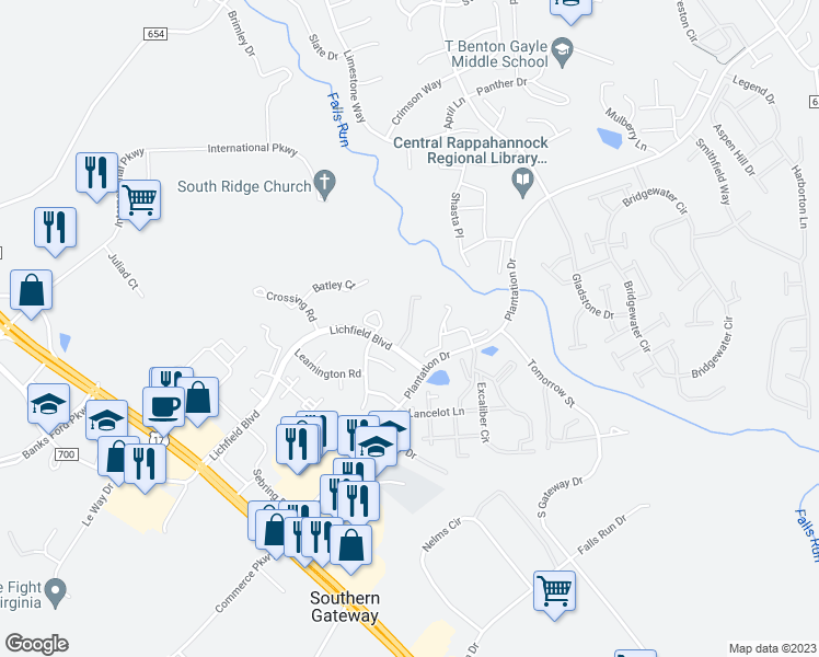 map of restaurants, bars, coffee shops, grocery stores, and more near 706 Harrogate Road in Fredericksburg