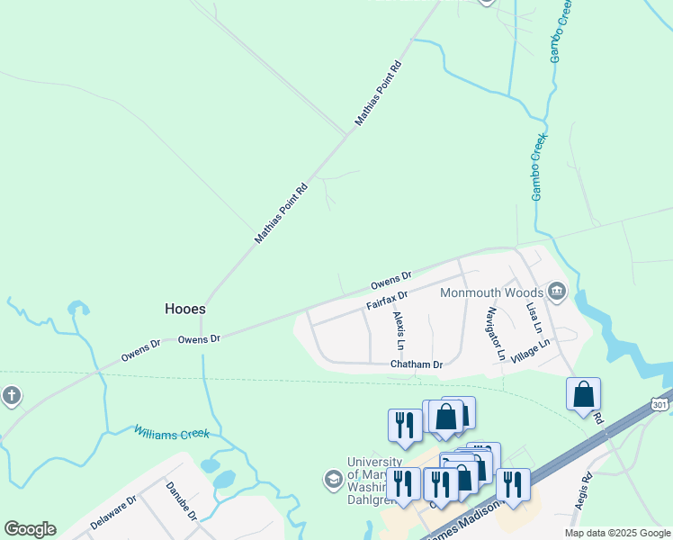 map of restaurants, bars, coffee shops, grocery stores, and more near 16281 Owens Drive in King George