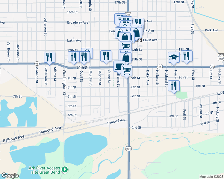 map of restaurants, bars, coffee shops, grocery stores, and more near 800-898 Stone Street in Great Bend