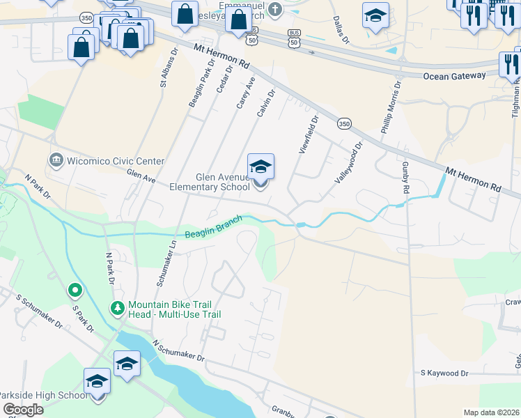 map of restaurants, bars, coffee shops, grocery stores, and more near 1614 Glen Avenue in Salisbury