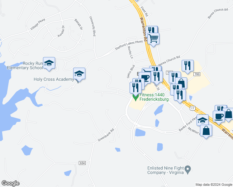 map of restaurants, bars, coffee shops, grocery stores, and more near 7 Patton Lane in Fredericksburg