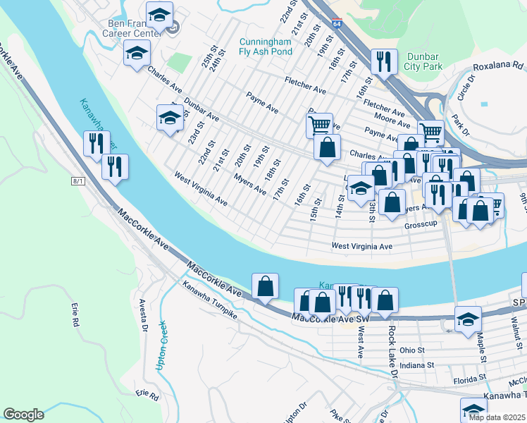 map of restaurants, bars, coffee shops, grocery stores, and more near 224 18th Street in Dunbar
