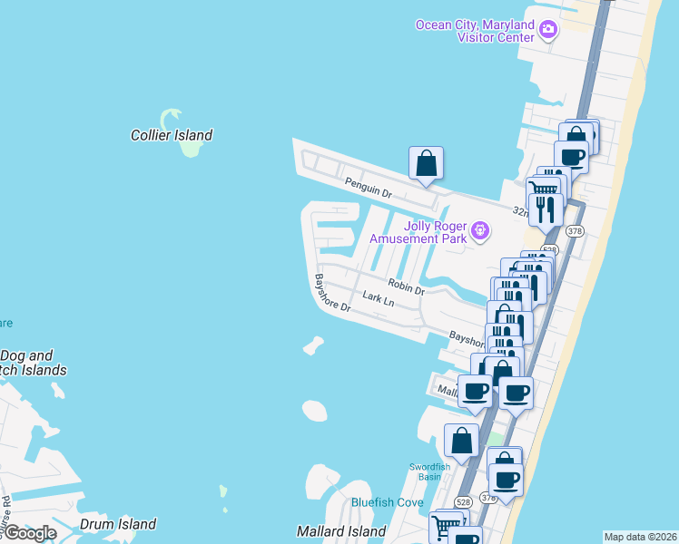 map of restaurants, bars, coffee shops, grocery stores, and more near 508 Robin Drive in Ocean City