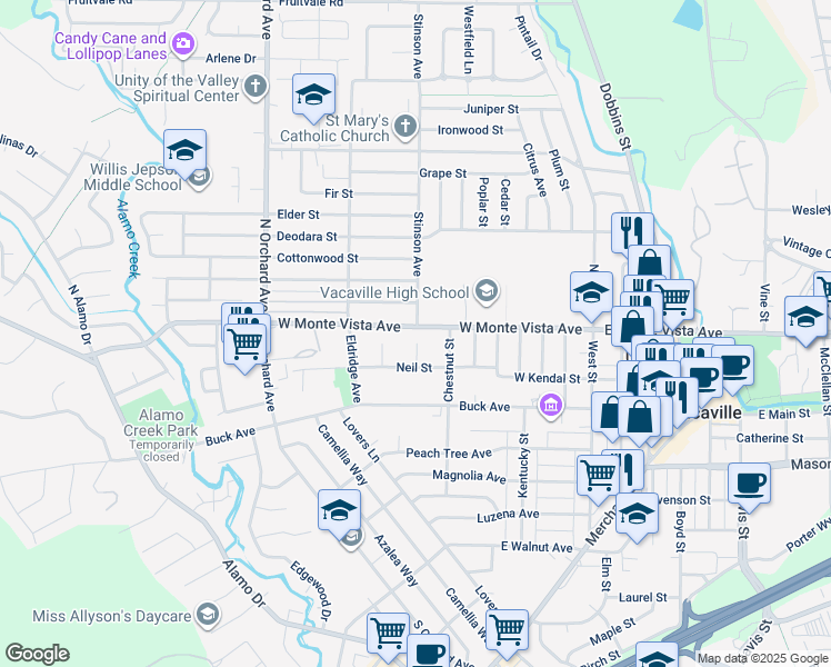 map of restaurants, bars, coffee shops, grocery stores, and more near 325 West Monte Vista Avenue in Vacaville