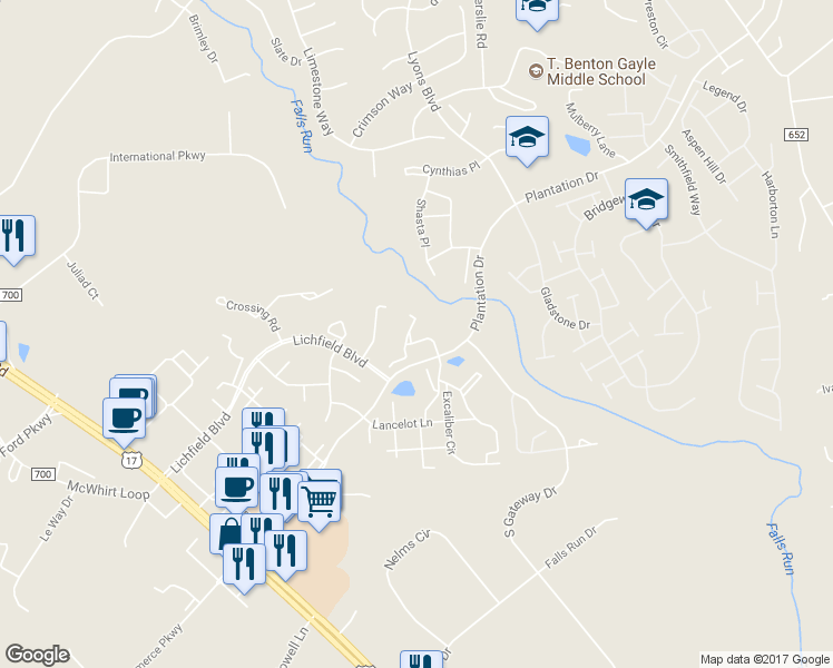 map of restaurants, bars, coffee shops, grocery stores, and more near 402 Backridge Court in Fredericksburg