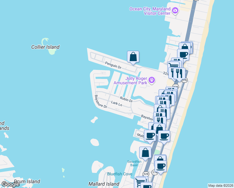 map of restaurants, bars, coffee shops, grocery stores, and more near 2816 Plover Drive in Ocean City