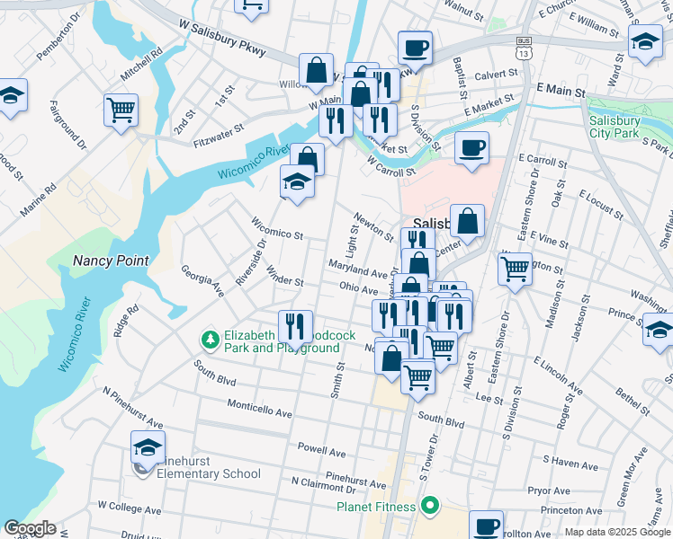 map of restaurants, bars, coffee shops, grocery stores, and more near 622 Light Street in Salisbury