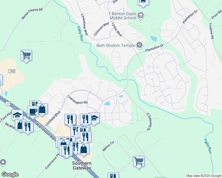 map of restaurants, bars, coffee shops, grocery stores, and more near 402 Backridge Court in Fredericksburg