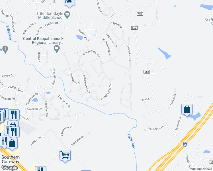 map of restaurants, bars, coffee shops, grocery stores, and more near 18 Lucketts Court in Fredericksburg