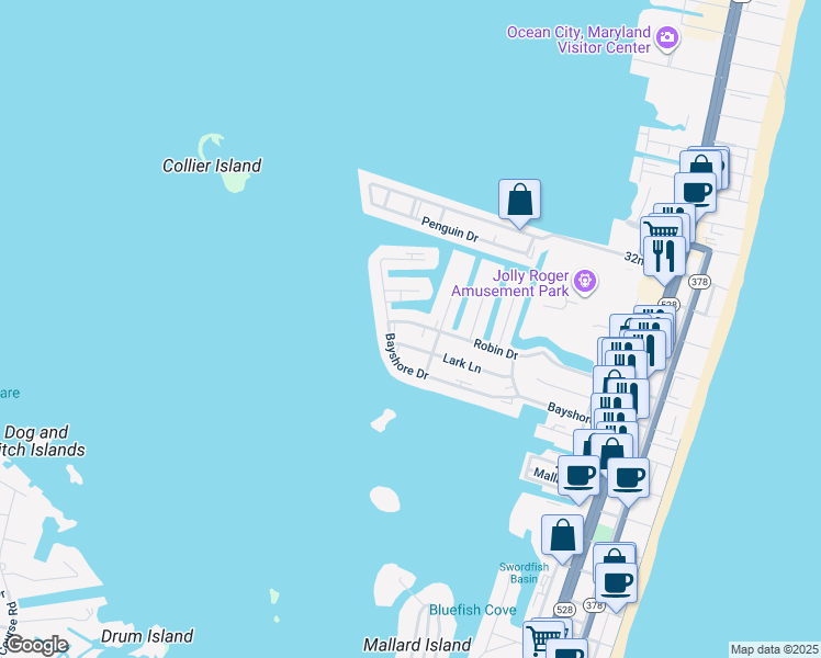 map of restaurants, bars, coffee shops, grocery stores, and more near 508 Robin Drive in Ocean City