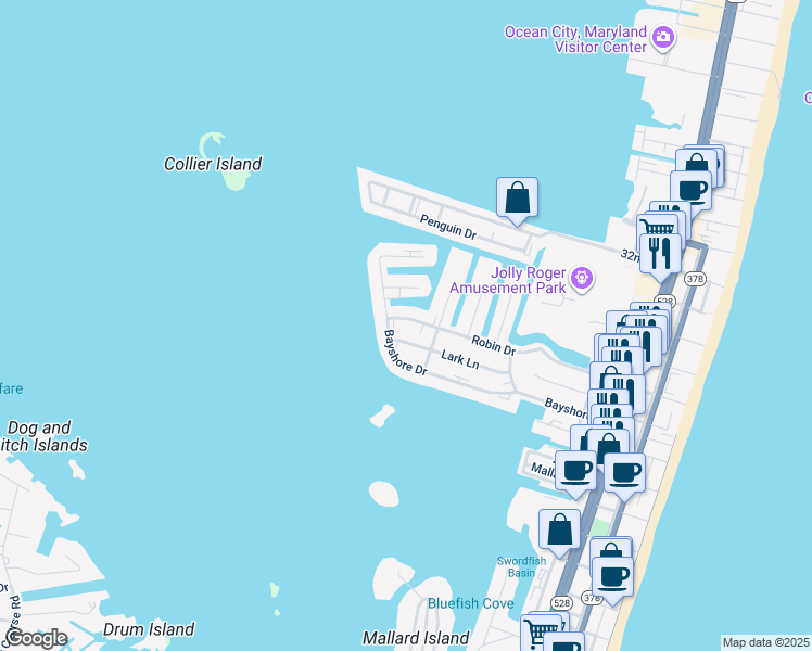 map of restaurants, bars, coffee shops, grocery stores, and more near 508 Robin Drive in Ocean City