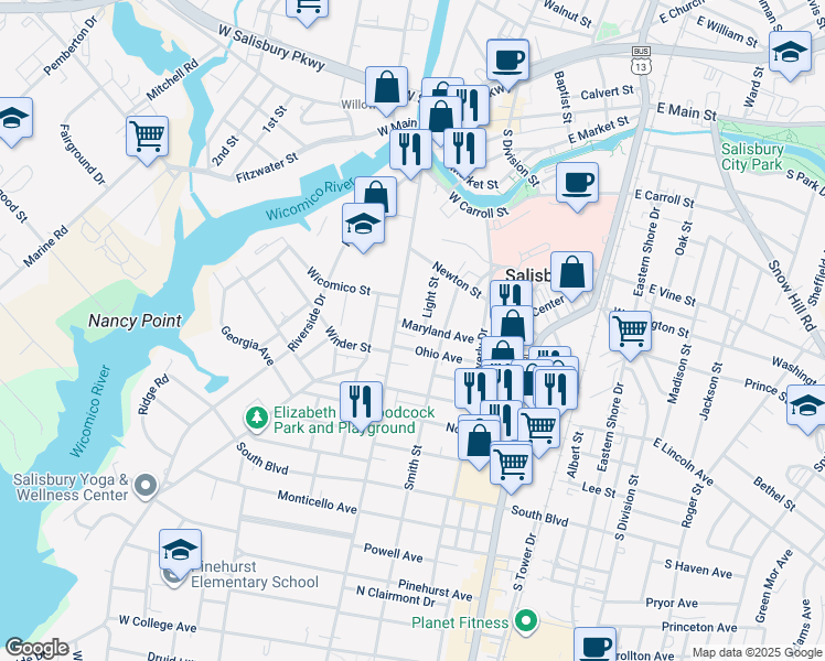 map of restaurants, bars, coffee shops, grocery stores, and more near 622 Light Street in Salisbury