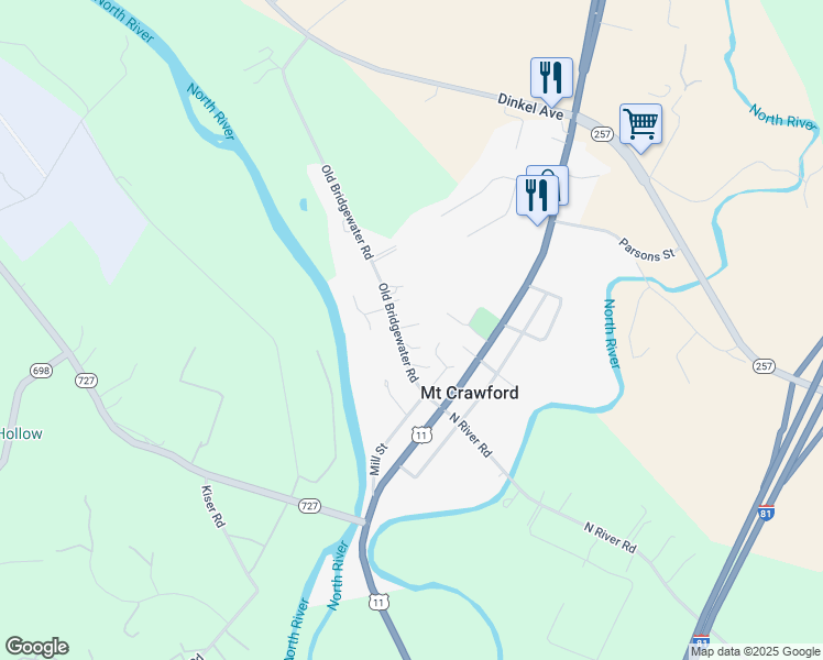 map of restaurants, bars, coffee shops, grocery stores, and more near 130 Old Bridgewater Road in Mount Crawford