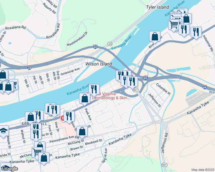 map of restaurants, bars, coffee shops, grocery stores, and more near 301 Harris Street in South Charleston