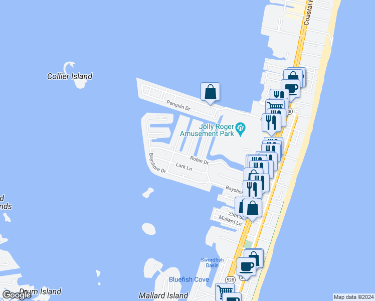 map of restaurants, bars, coffee shops, grocery stores, and more near 2821 Plover Drive in Ocean City