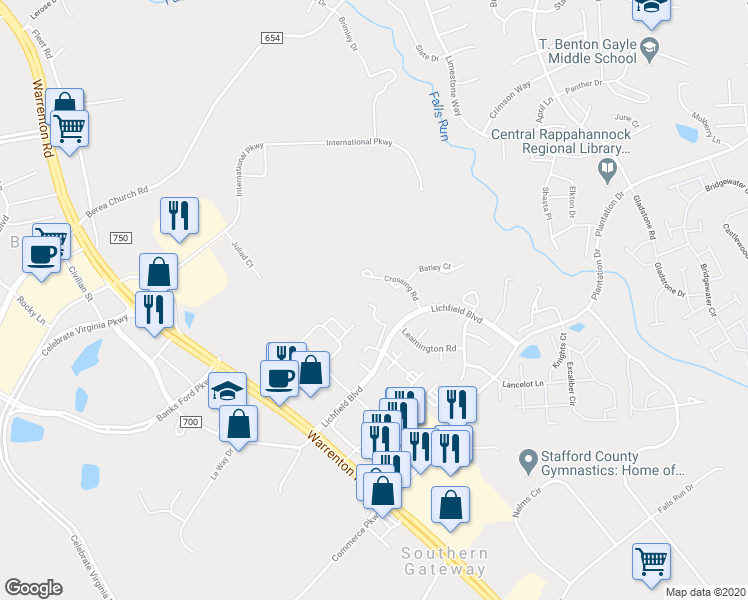 map of restaurants, bars, coffee shops, grocery stores, and more near 604 Club House Road in Fredericksburg